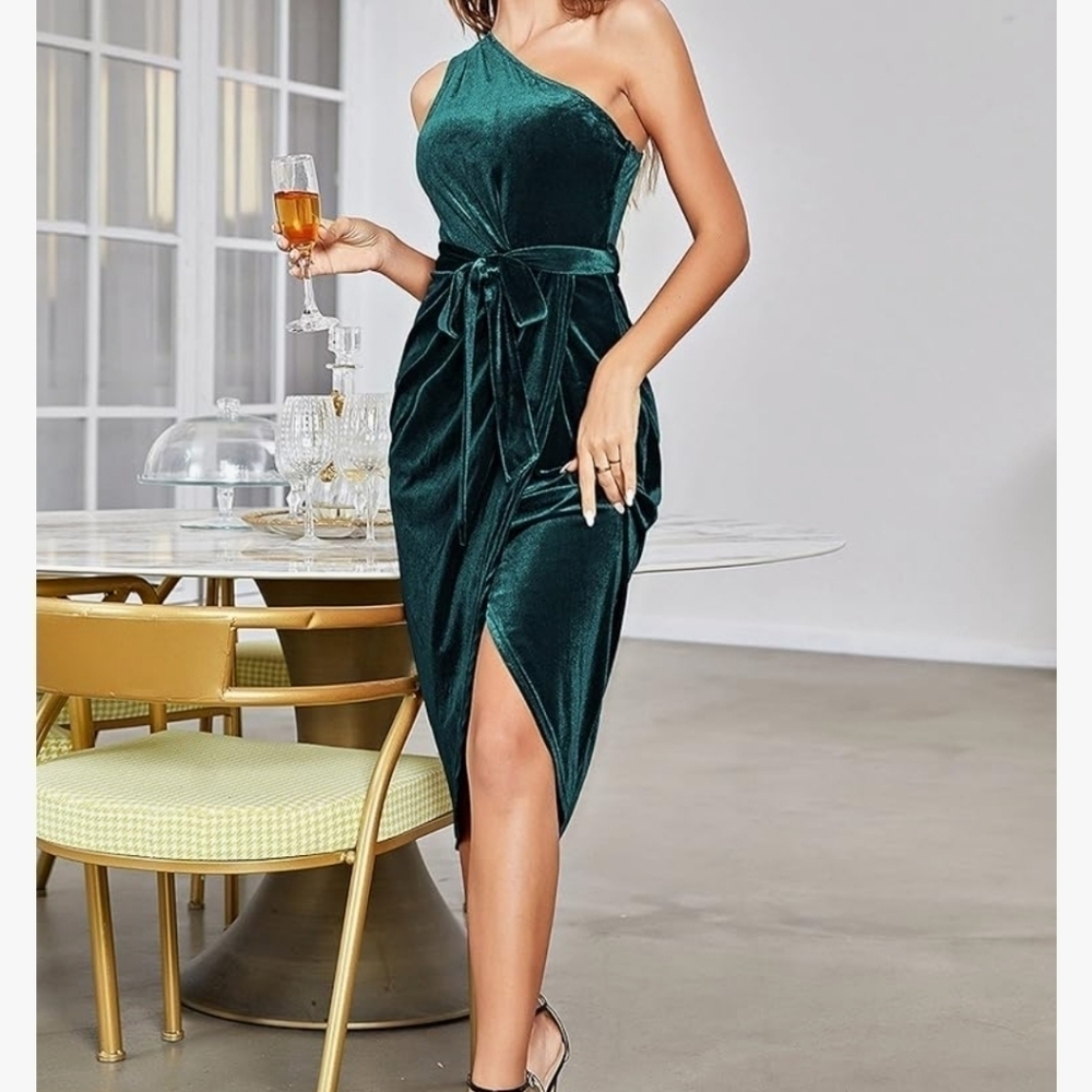 Merokeety Women's Emerald One Shoulder Velvet Wrap Slit Midi Dress NWT Size L - Picture 5 of 15